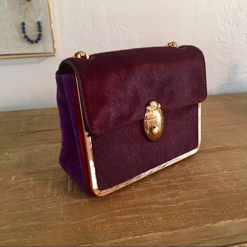 Tory Burch calf hair and suede bag w/ gold scarab